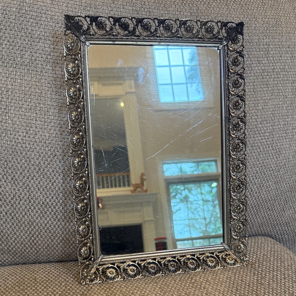 Vintage Brass gold tone filigree, ornate dresser vanity mirror tray